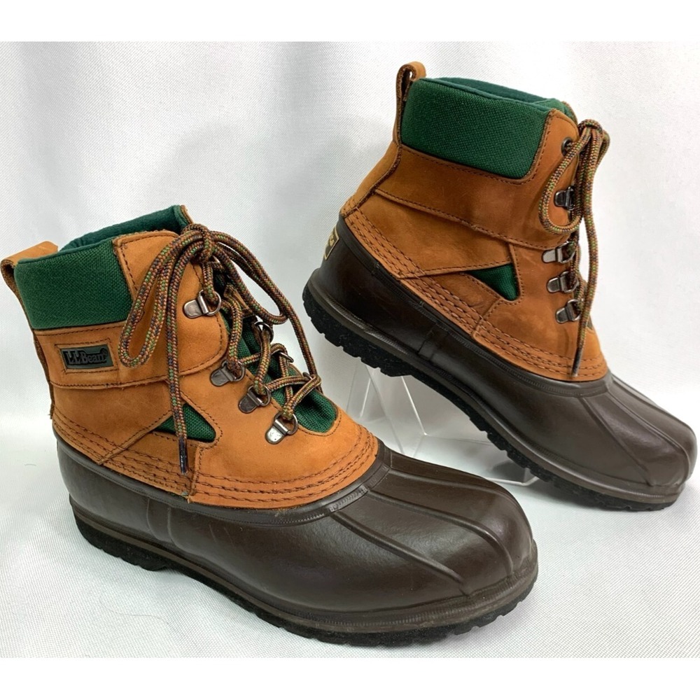 L.L. Bean Women Waterproof Duck Bean Boots Tan Green Leather Rubber Toe Size 9